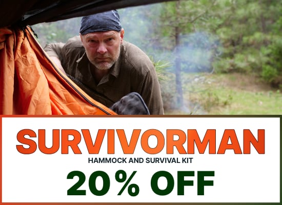 4Season Survivorman Sale banner, 20% OFF our premium hammock with survival kit. Banner shows Les Stroud with hammock at campsite.