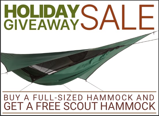 Holiday Giveaway Sale: buy a qualifying hammock and get a free scout hammock. Image of a scout hammock in background.